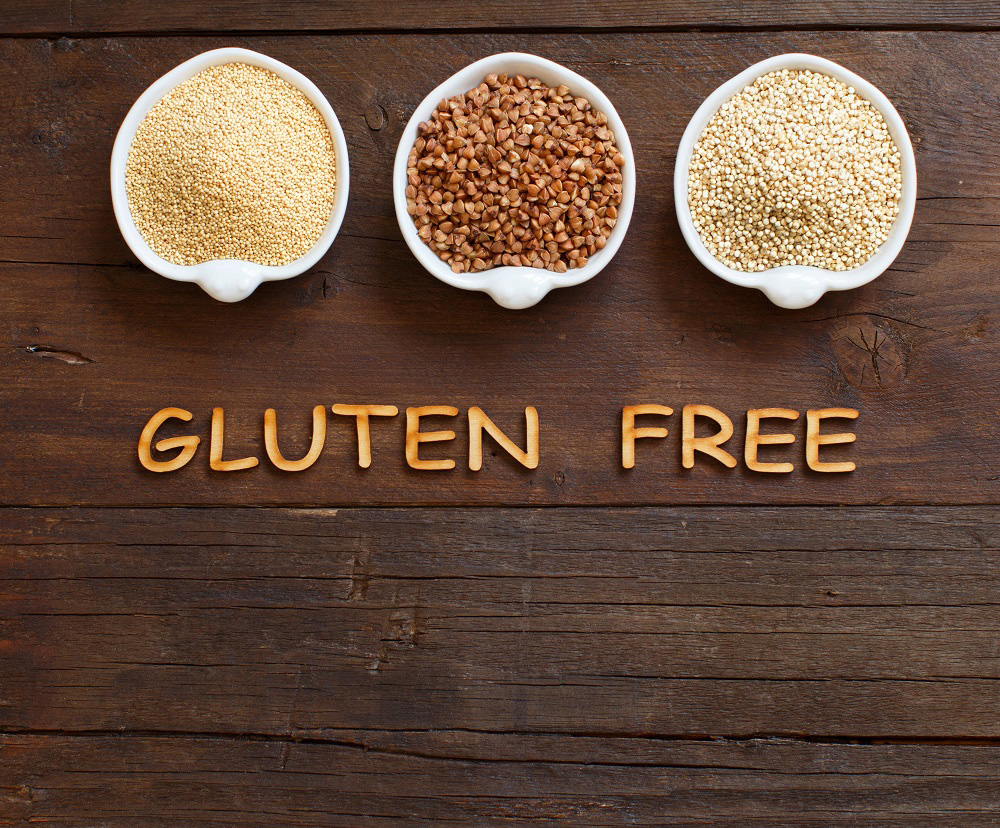 Three bowls of gluten-free nut and rice alternatives above the words ‘Gluten Free’.